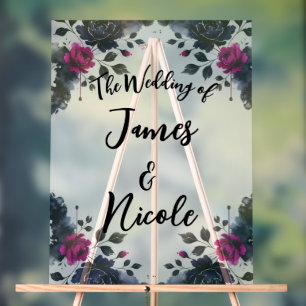 Señal Acrílica Boda acuarela floral rosa magenta y azul