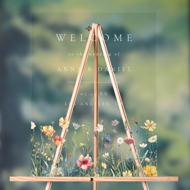 Señal Acrílica Boda Boho Pastel de Flores Silvestres Bienvenida (Neutral )
