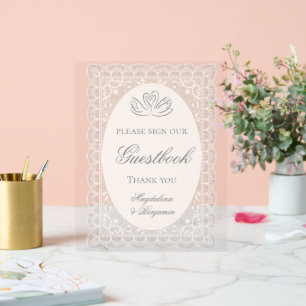 Señal Acrílica Boda con caligrafía de cisnes de encaje elegante v
