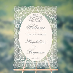 Señal Acrílica Boda con caligrafía de cisnes de encaje elegante v