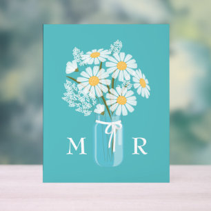 Señal Acrílica Boda Daisies Mason Jar Monograma Verde azulado ini