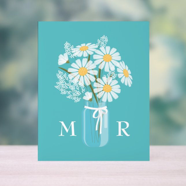 Señal Acrílica Boda Daisies Mason Jar Monograma Verde azulado ini (Neutral )