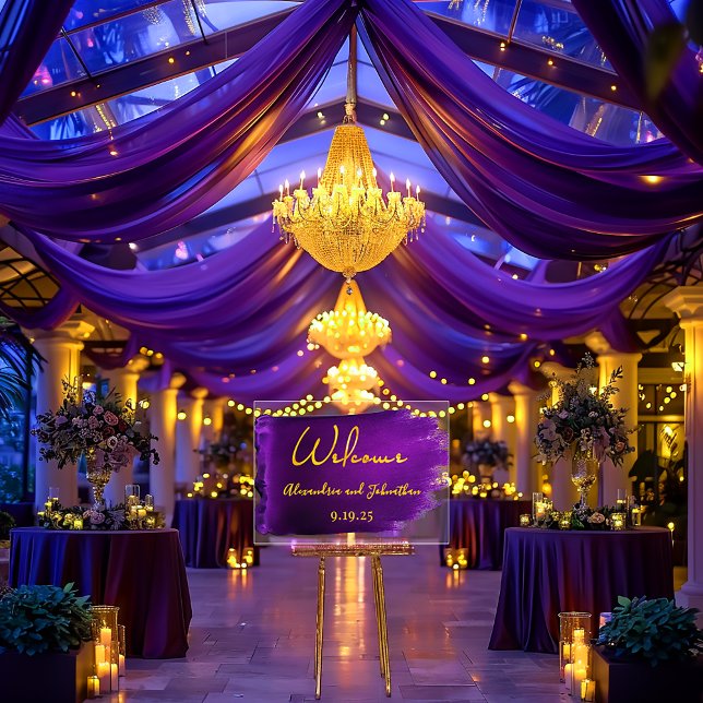 Señal Acrílica Boda de Acrílico Vivid Violet Purple y Gold (Modern Vivid Violet Purple Ink Splash Gold Text Wedding Welcome Board )