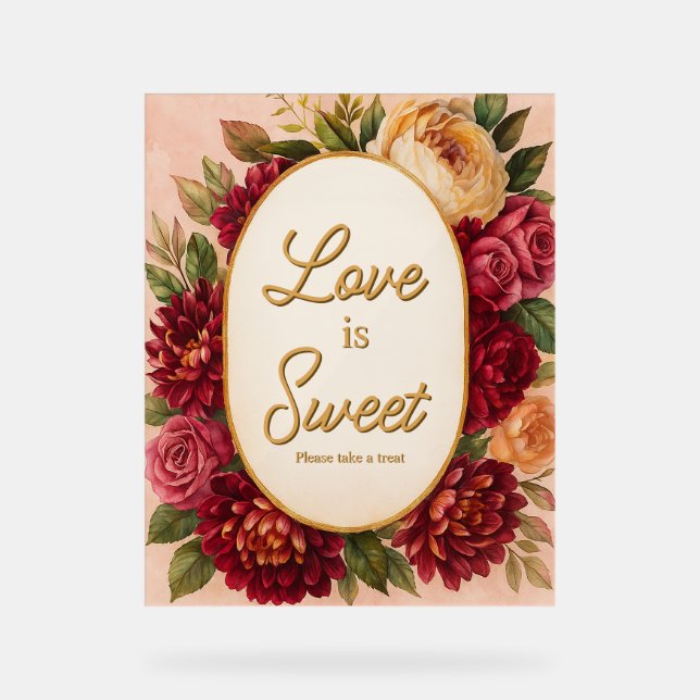 Señal Acrílica Boda de acuarela floral de Rubor Burgundy (Anverso)