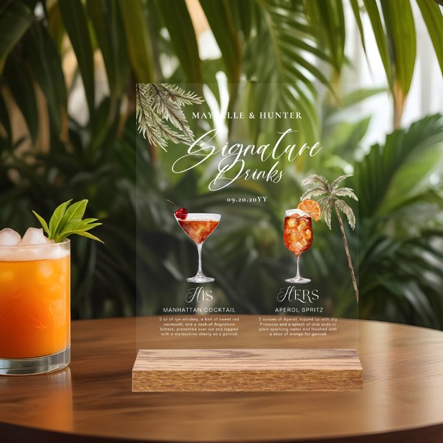 Señal Acrílica Boda de Bebidas con Firma de Acuarela Tropical Boh (Boho Tropical Watercolor Signature Drinks Wedding Acrylic Sign)