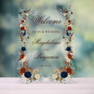 Señal Acrílica Boda de bienvenida con flores azules marino y nara