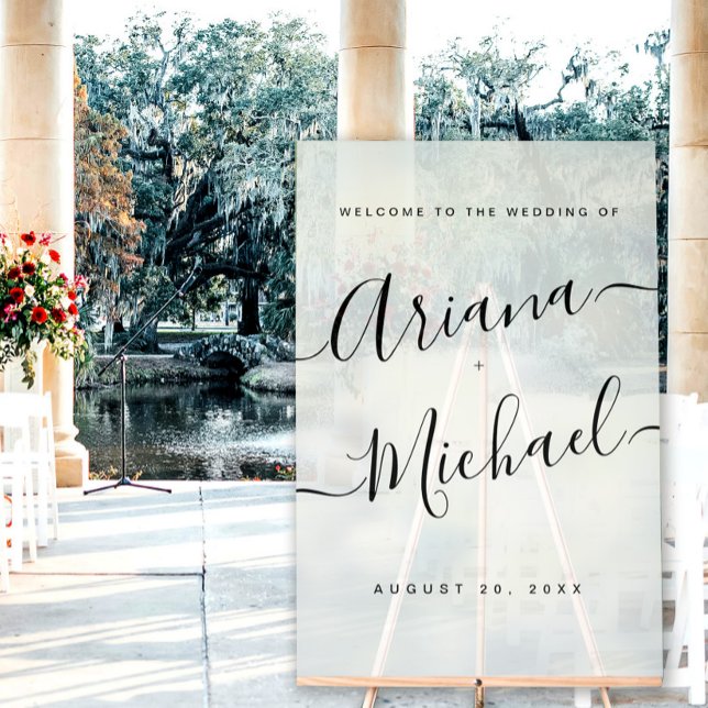 Señal Acrílica Boda de bienvenida de escritura moderna minimalist (Simple Minimalist wedding acrylic frosted welcome sign.)