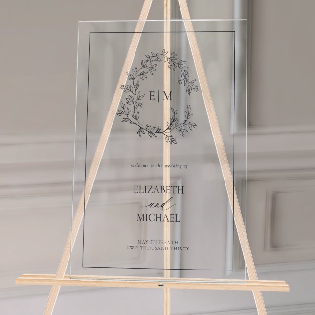 Señal Acrílica Boda de bienvenida de la Marina Blue Leafy Escudo  (Wedding Welcome Sign!)