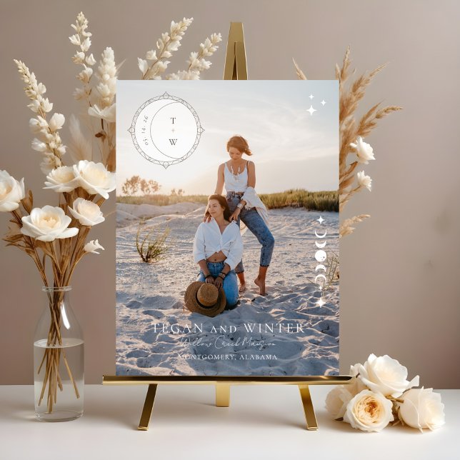Señal Acrílica Boda de bienvenida de las estrellas celestes de la (Celestial Moon Stars Monogram Welcome Wedding Acrylic Sign)