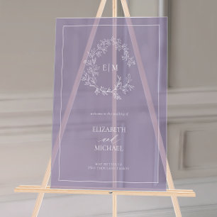 Señal Acrílica Boda de bienvenida de Lavender Leafy Escudo Monogr