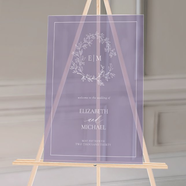 Señal Acrílica Boda de bienvenida de Lavender Leafy Escudo Monogr (Wedding Welcome Sign!)