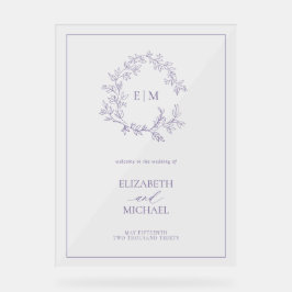 Señal Acrílica Boda de bienvenida de Lavender Leafy Escudo Monogr