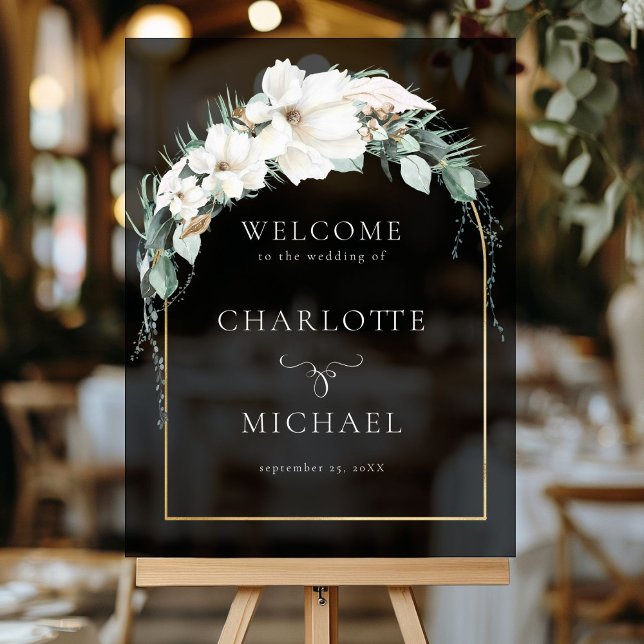 Señal Acrílica boda DE "BIENVENIDA" DE LEAFY ("WELCOME" LEAFY WEDDING BLACK ACRYLIC SIGN with your names and date.)