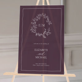 Señal Acrílica Boda de bienvenida del Monograma del Escudo Plum P