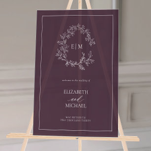 Señal Acrílica Boda de bienvenida del Monograma del Escudo Plum P