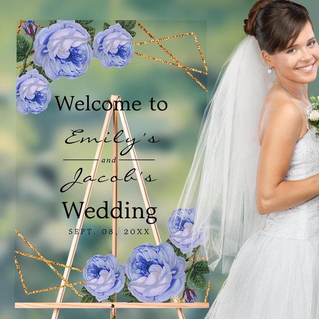 Señal Acrílica Boda de bienvenida Purpurina de oro Geo Blue Flora (Welcome Wedding Gold Glitter Geo Blue Floral Acrylic Sign)