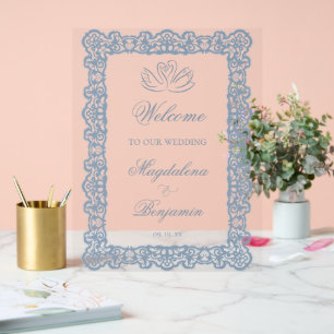 Señal Acrílica Boda de cisne de encaje azul polvoriento vintage