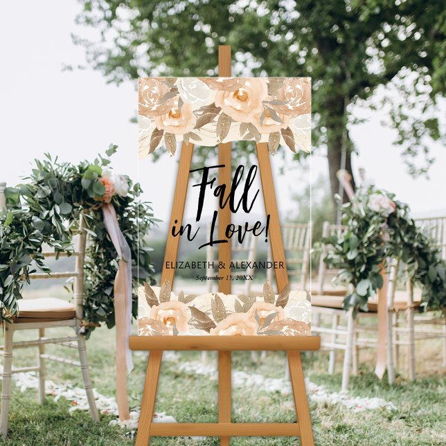 Señal Acrílica Boda de Flores de Peach Fall en el amor (Fall in Love Peach Flowers Wedding Welcome Clear Acrylic Sign)
