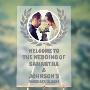 Señal Acrílica Boda de fotografía moderna de Wreath plateado, bie