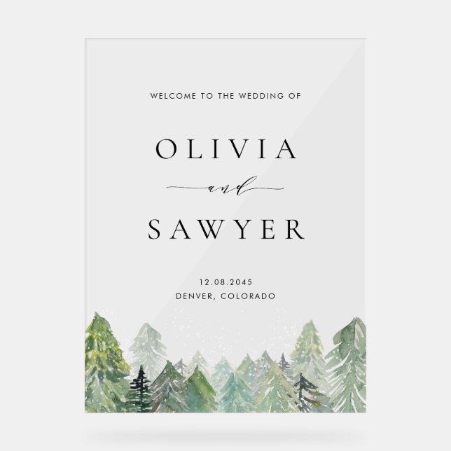 Señal Acrílica Boda de Invierno de la Selva Nevada Evergreen (Anverso)