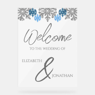 Señal Acrílica Boda de Invierno Silver Blue Snowflakes