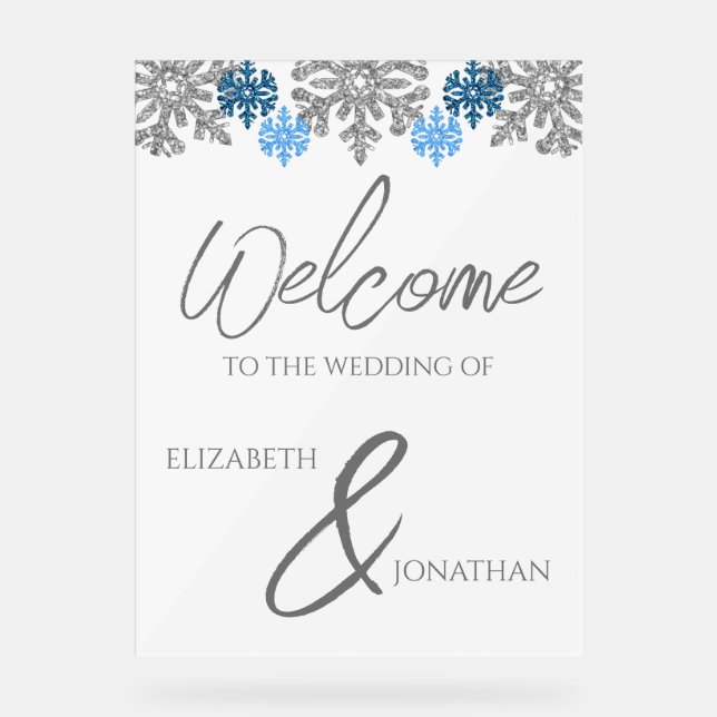 Señal Acrílica Boda de Invierno Silver Blue Snowflakes (Anverso)