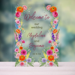 Señal Acrílica Boda de Jardín de Flores Silvestres Coloridas Bien