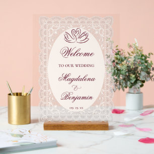 Señal Acrílica Boda Elegante de Encaje Vintage con Cisnes Burgund