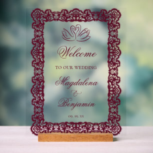 Señal Acrílica Boda Elegante de Encaje Vintage con Cisnes Burgund