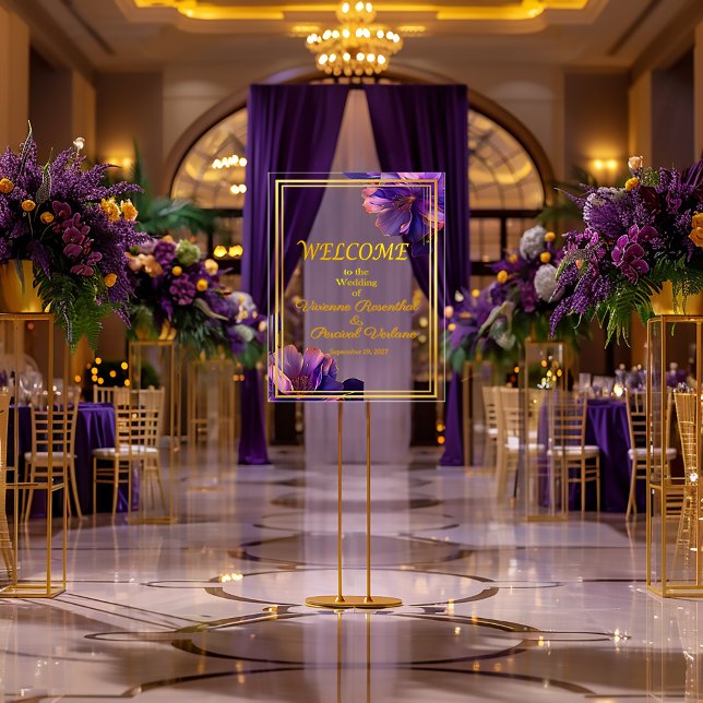 Señal Acrílica Boda Elegante de Violetas Luminosas Moradas (Chic Luminous Violets Acrylic Welcome Sign )