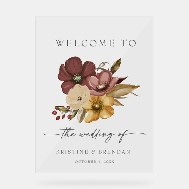 Señal Acrílica Boda floral boho neutral con acuarela (Anverso)