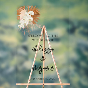 Señal Acrílica Boda floral con guión gráfico de pampas