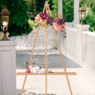 Señal Acrílica Boda Floral de Calabaza Otoñal Bienvenida al Amor