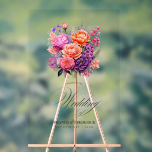 Señal Acrílica Boda floral de color mandarina, rosa intenso y púr