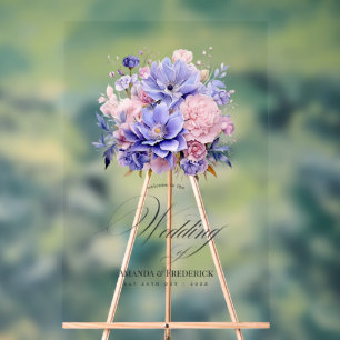 Señal Acrílica Boda floral de rosa pétalo, azul aciano y malva