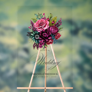 Señal Acrílica Boda floral fucsia, verde esmeralda y negro