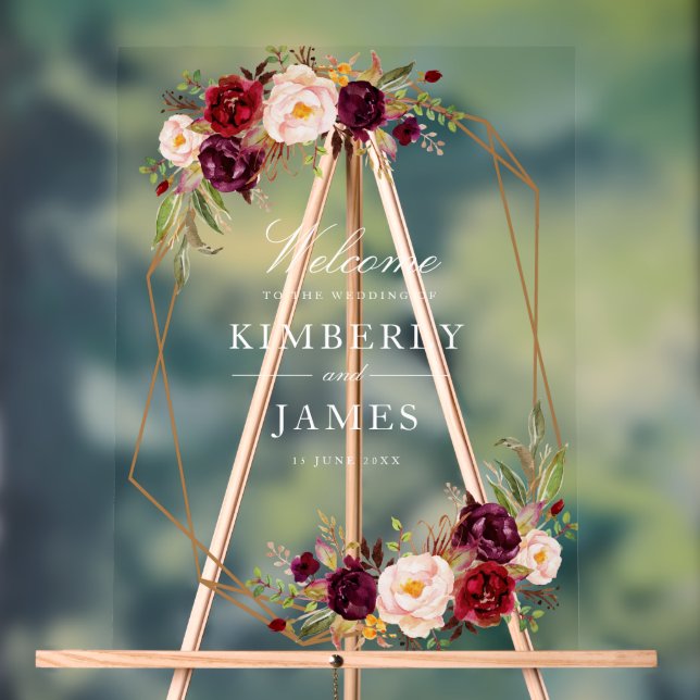 Señal Acrílica Boda floral rojo y rubio de Borgoña (Neutral )