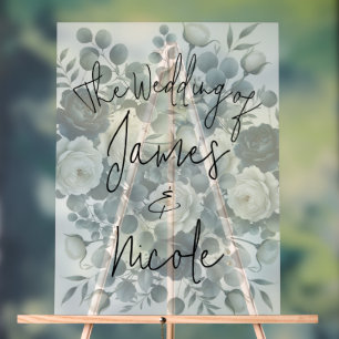 Señal Acrílica Boda floral verde moderna azul oscuro y blanco