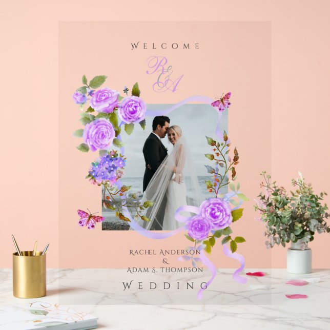 Señal Acrílica Boda fotográfico de cinta morada Rosa monograma (Boda)