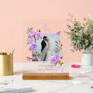 Señal Acrílica Boda fotográfico de cinta morada Rosa monograma