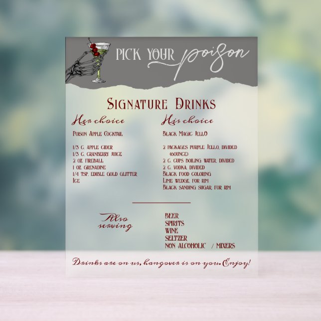 Señal Acrílica Boda gótico Firma Bebidas Rótulo bar (Neutral )