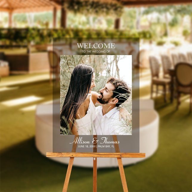 Señal Acrílica Boda moderno foto bienvenida negro (Make a dazzling entrance and warmly greet guests with our captivating photo acrylic wedding sign!)