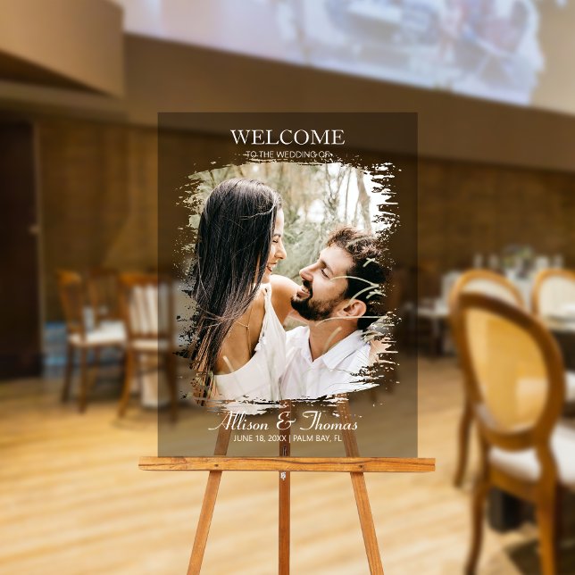 Señal Acrílica Boda moderno Splatter foto bienvenida negro (Make a dazzling entrance and warmly greet guests with our captivating photo acrylic wedding sign!)