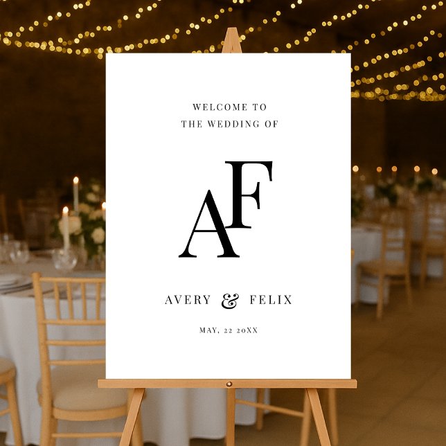 Señal Acrílica Boda Monograma Elegante Bienvenida Minimalista (Elegant black & white editable  monogram wedding welcome acrylic easel sign.)