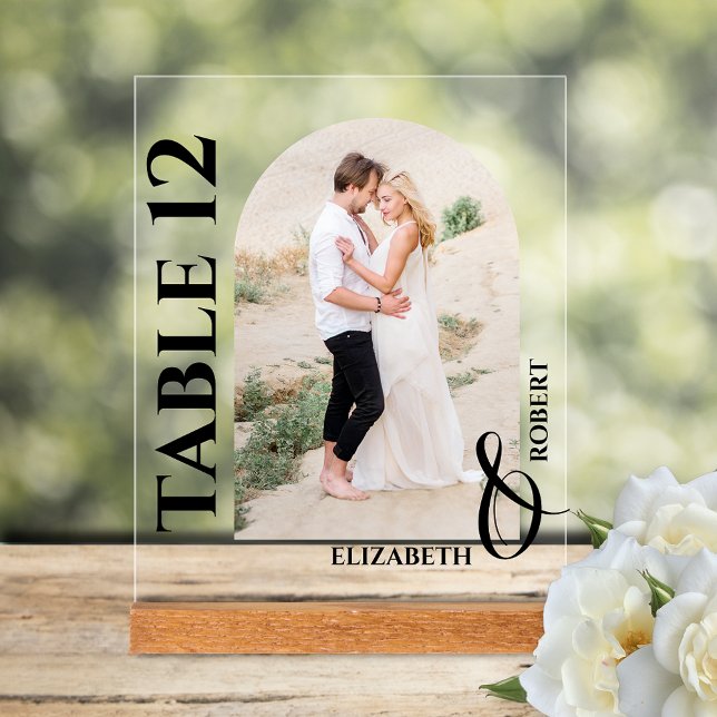 Señal Acrílica Boda Número de Tabla con Arco Foto (Wedding table number arched photo acrylic tabletop sign)