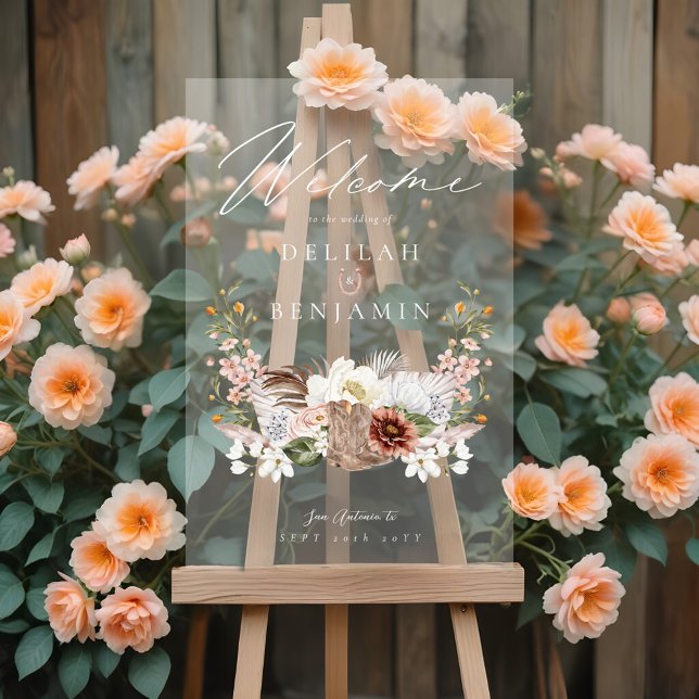 Señal Acrílica Boda occidental Boho Escudo de fotografía floral H (Western Wedding Boho Floral Photo Crest Horseshoe Acrylic Sign)