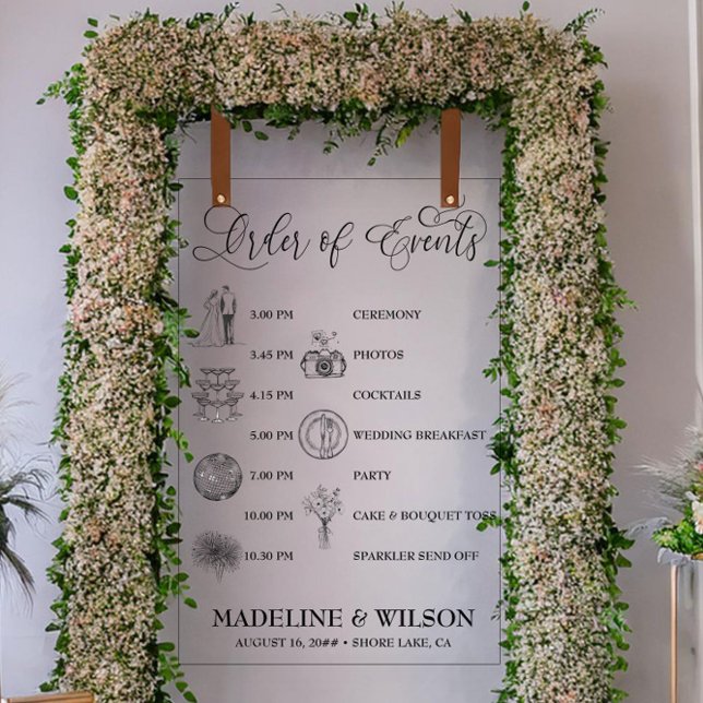 Señal Acrílica Boda Orden de eventos Iconos Clara caligrafía (Clear acrylic wedding order of events sign with timeline icons and calligraphy by Darling & May)