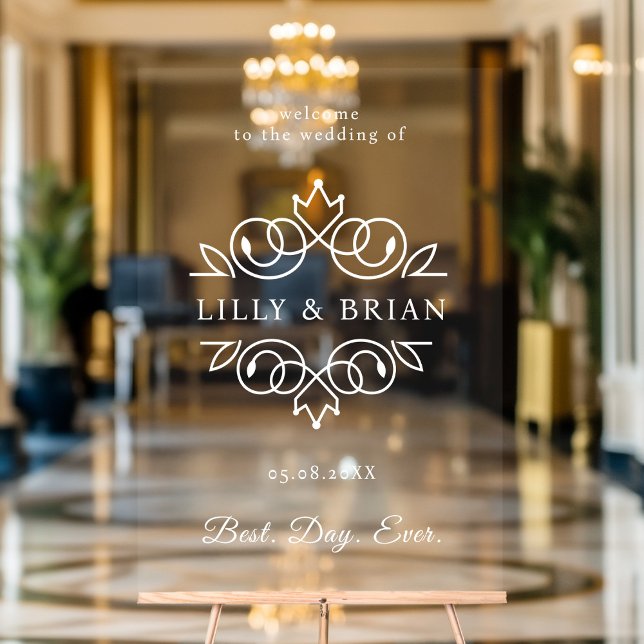 Señal Acrílica Boda Real, Elegante, "Mejor Día de la Historia" (Royal, Elegant, "Best-Day-Ever" Wedding Acrylic Sign with your name and date.)