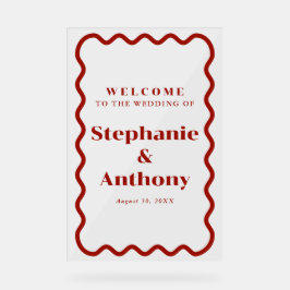 Señal Acrílica Boda rojo oscuro del borde ondulado del retro de l