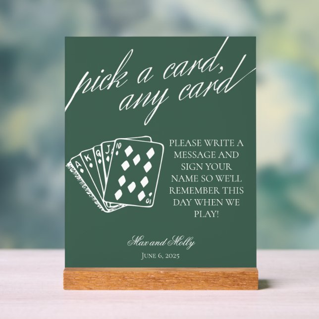 Señal Acrílica Boda verde moderno jugando cartas Rótulo Pedestal (Neutral )